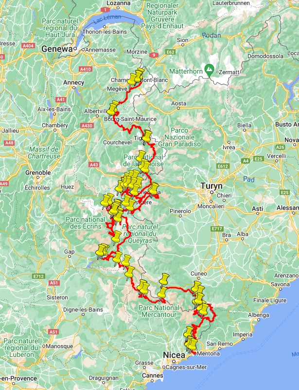 wyprawa off-road Alpy Zachodnie na mapie