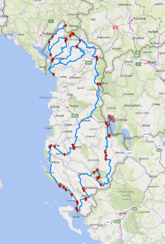 The best off-road trails in Albania on the map